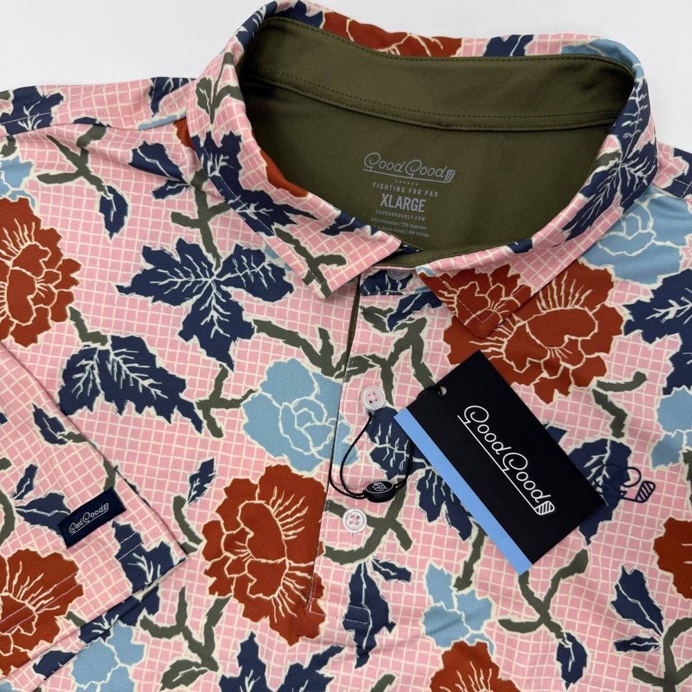 Good Good Golf Mens Pink Canyon Polo Floral Grid Short Sleeve Shirt XL NEW